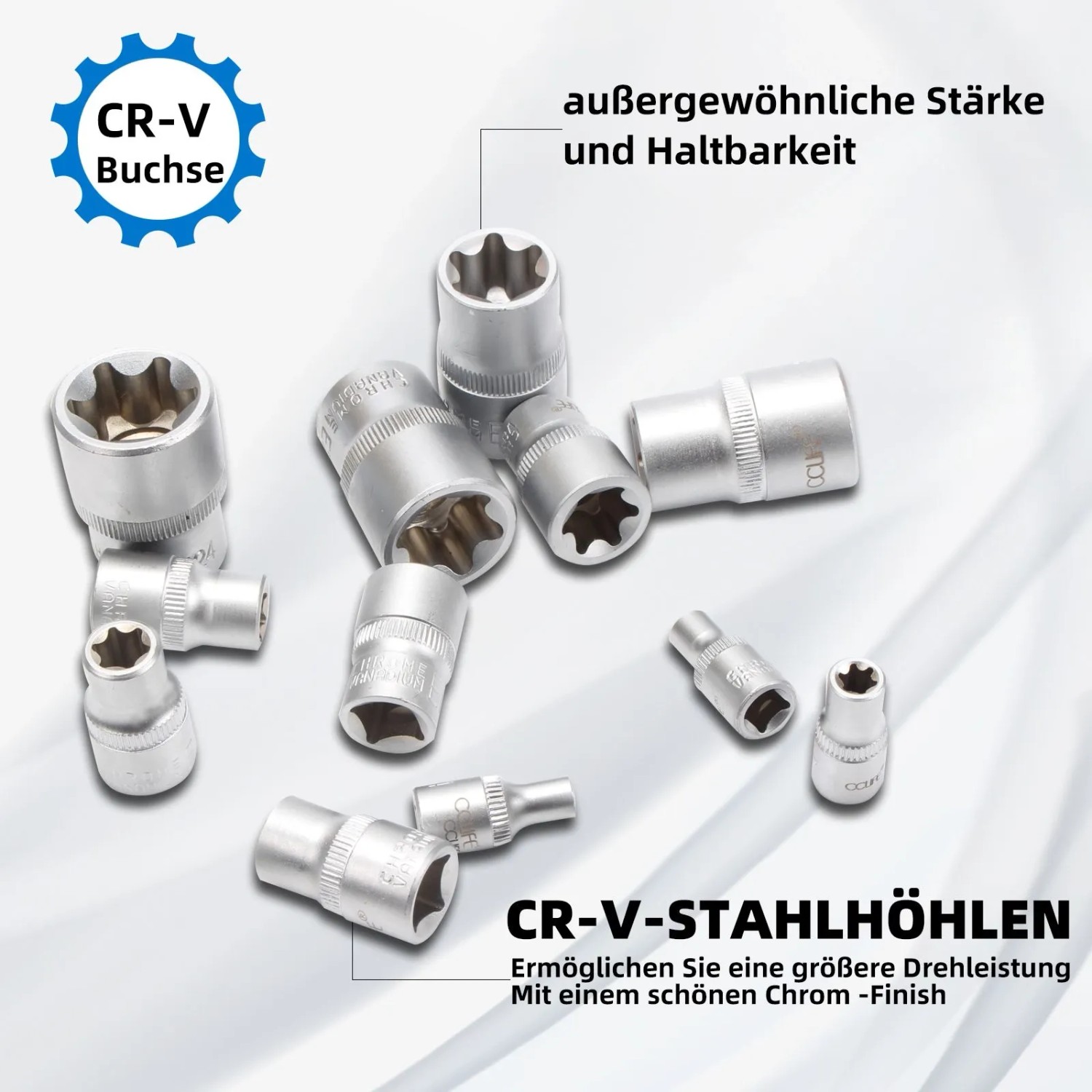 CCLIFE 14tlg Torx Nuss Set E4-E24 aus Chrom-Vanadiumstahl. Silberne Stecknüsse 1/4, 3/8, 1/2 Zoll für Werkstatt.