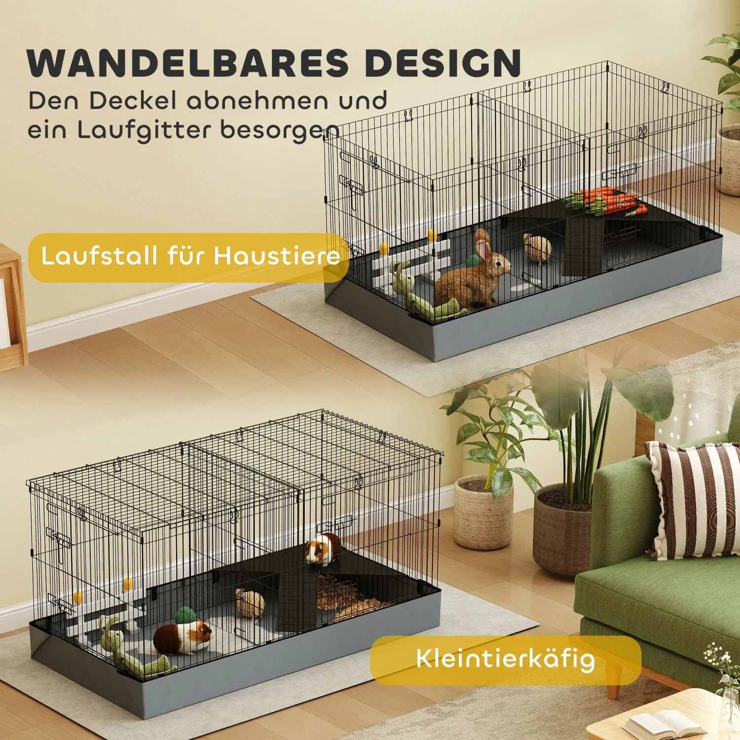 PawHut Kleintierkäfig aus Stahl und Oxfordstoff, schwarz, mit zwei Konfigurationen als Käfig und Laufstall.