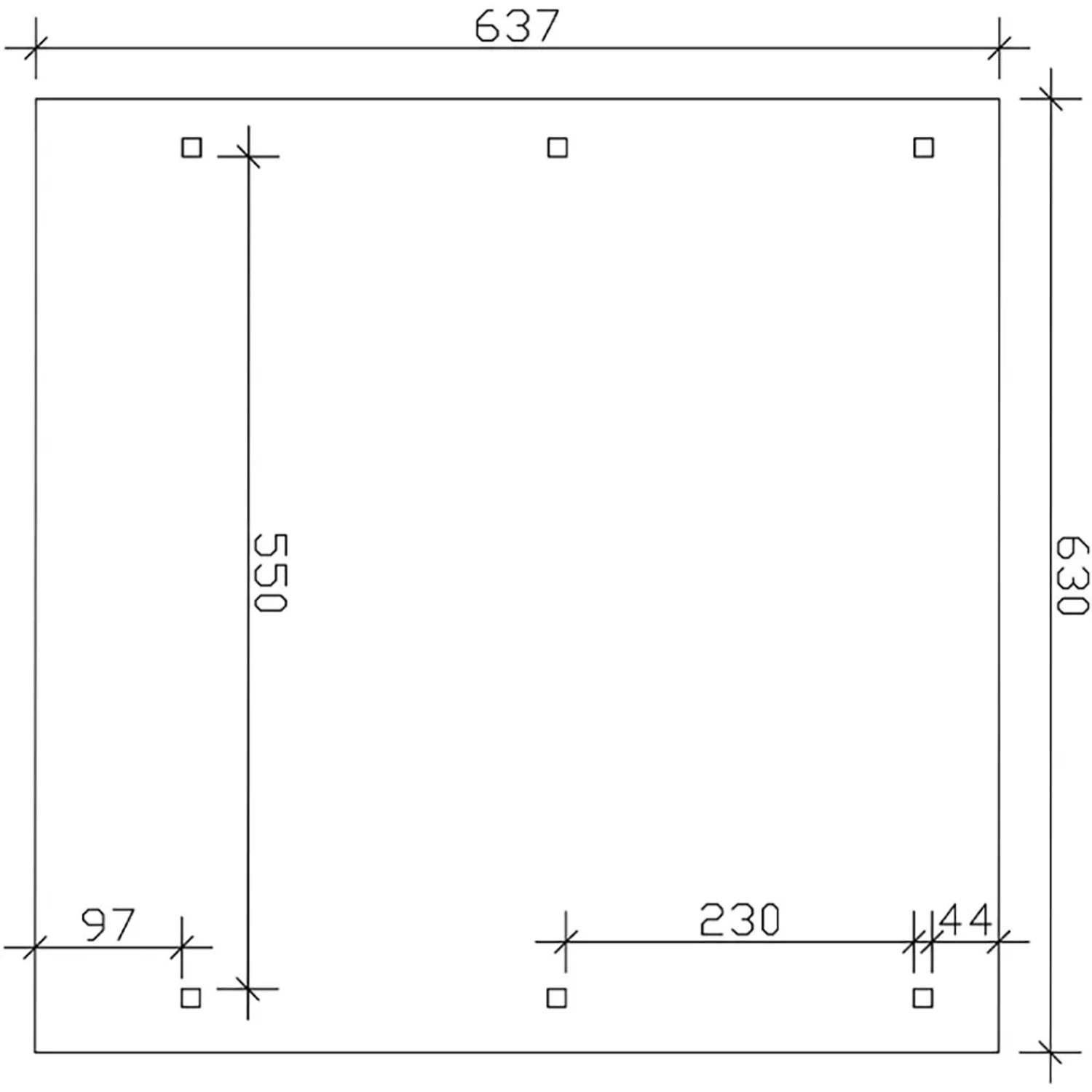 Skizze Doppelcarport Wendland Nussbaum 630x637cm mit Maßangaben für Pfosten und Abmessungen.