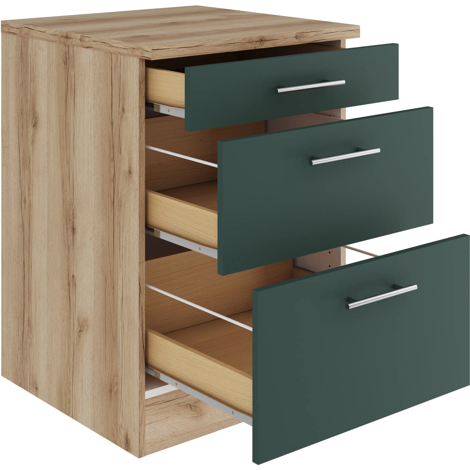 OPTIFIT Savona405 Unterschrank, 60 cm, Steingrün mit drei Auszügen und Arbeitsplatte in Wildeiche Optik.