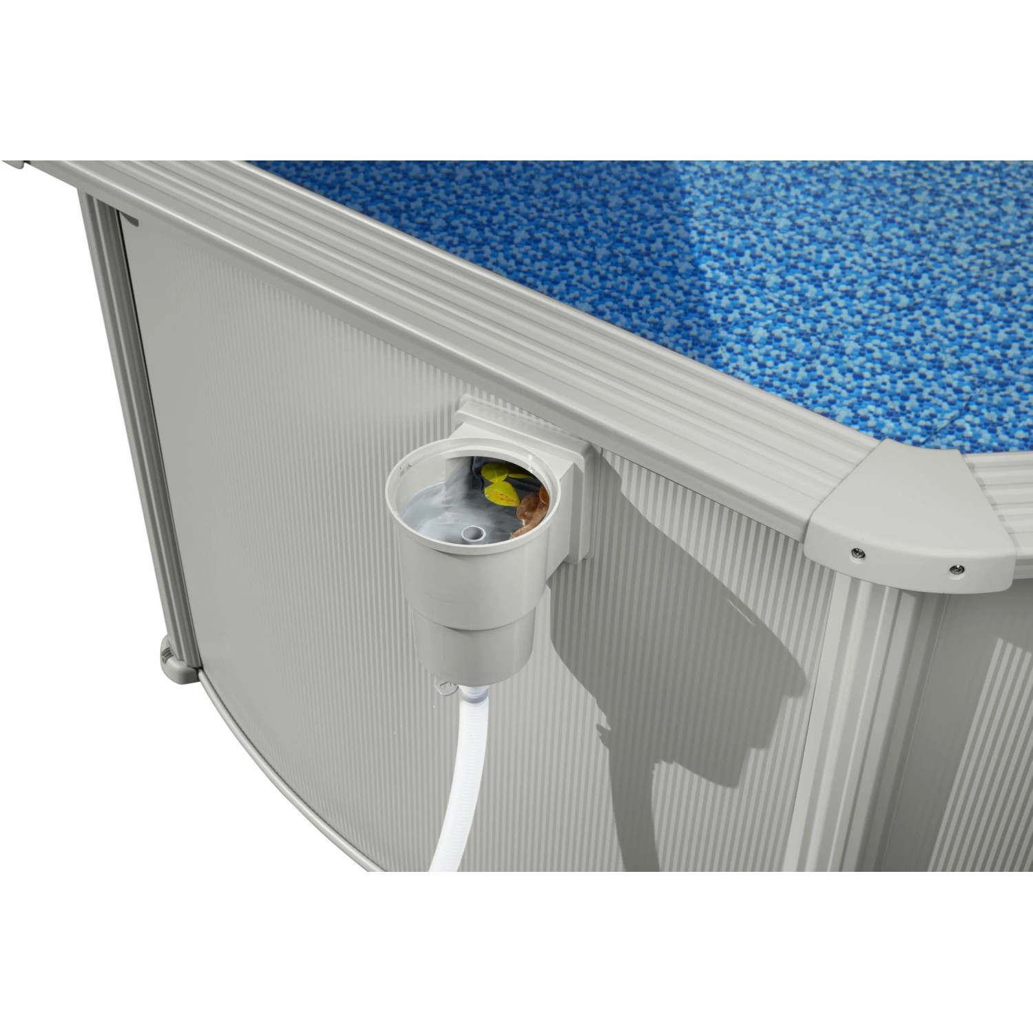 Detailansicht: Bestway Hydrium Stahlwandpool mit Skimmer und blauem Innenmuster.