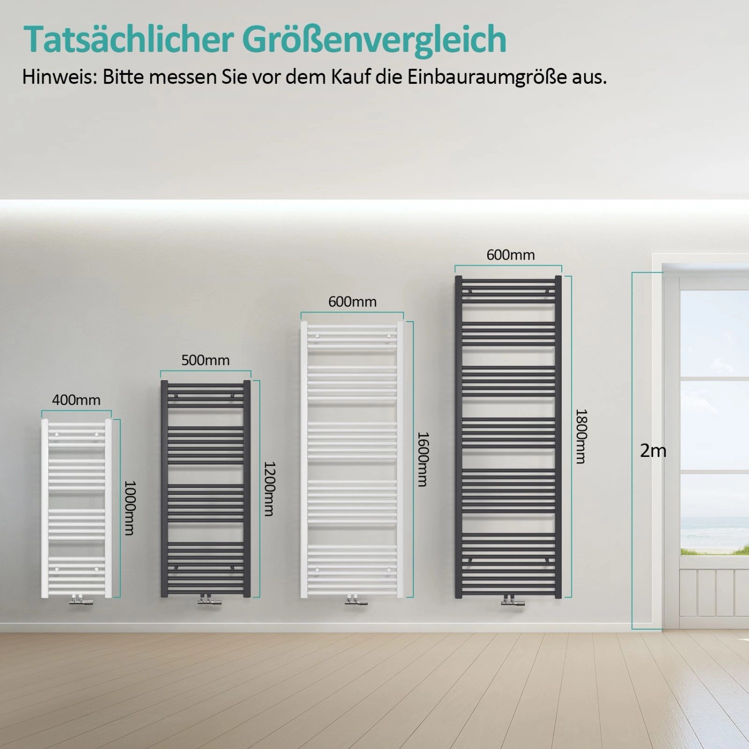 Größenvergleich von Emke Badheizkörper Handtuchwärmern in Weiß und Anthrazit, verschiedene Größen.