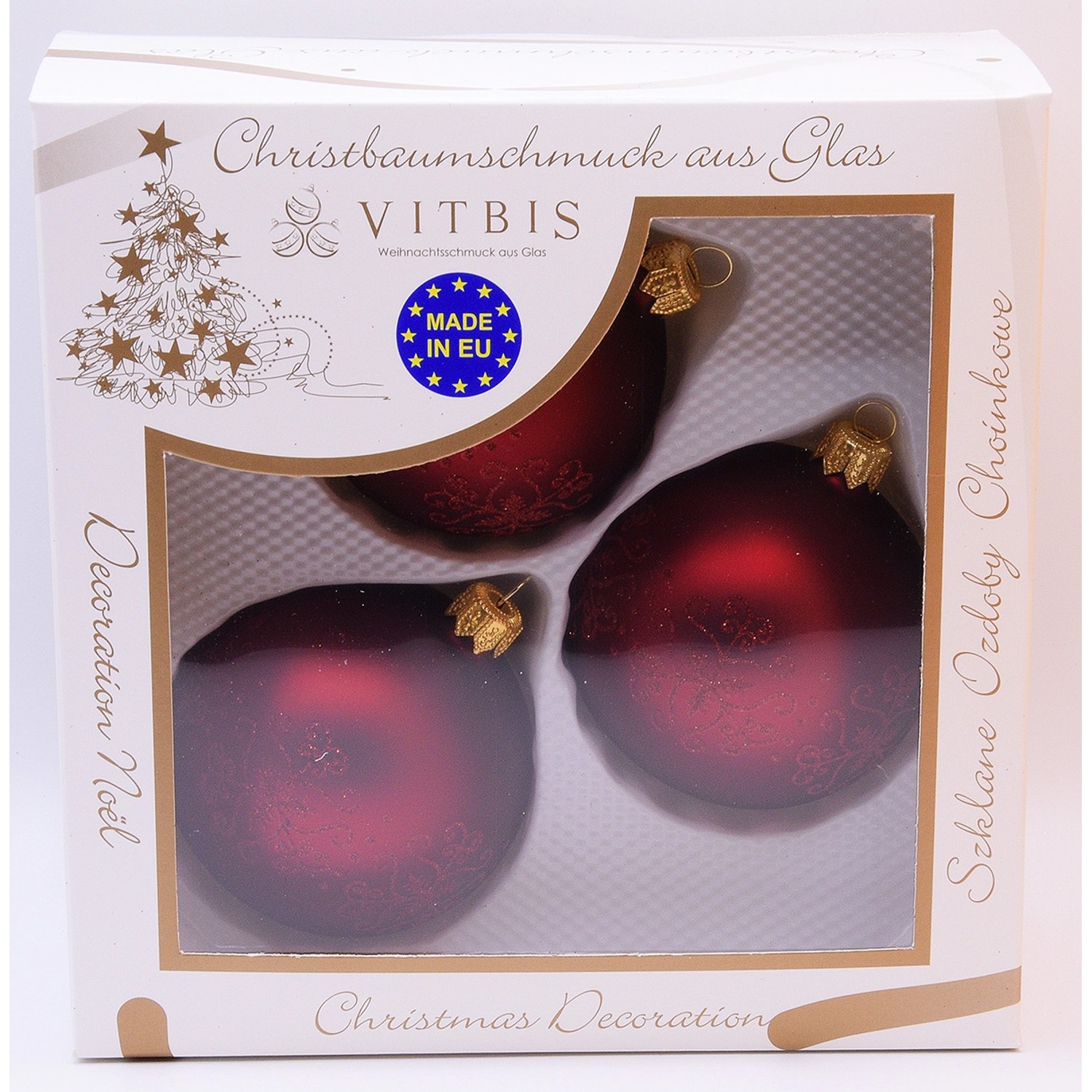 Vitbis Glas-Weihnachtskugeln 3-teilig Dekor Bordeaux-Matt Ø 8 cm günstig online kaufen