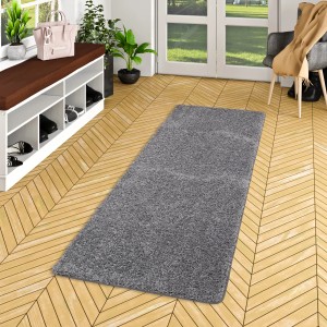Grauer Langflor Teppichläufer Milano, 100x100 cm, geeignet für Fußbodenheizung.