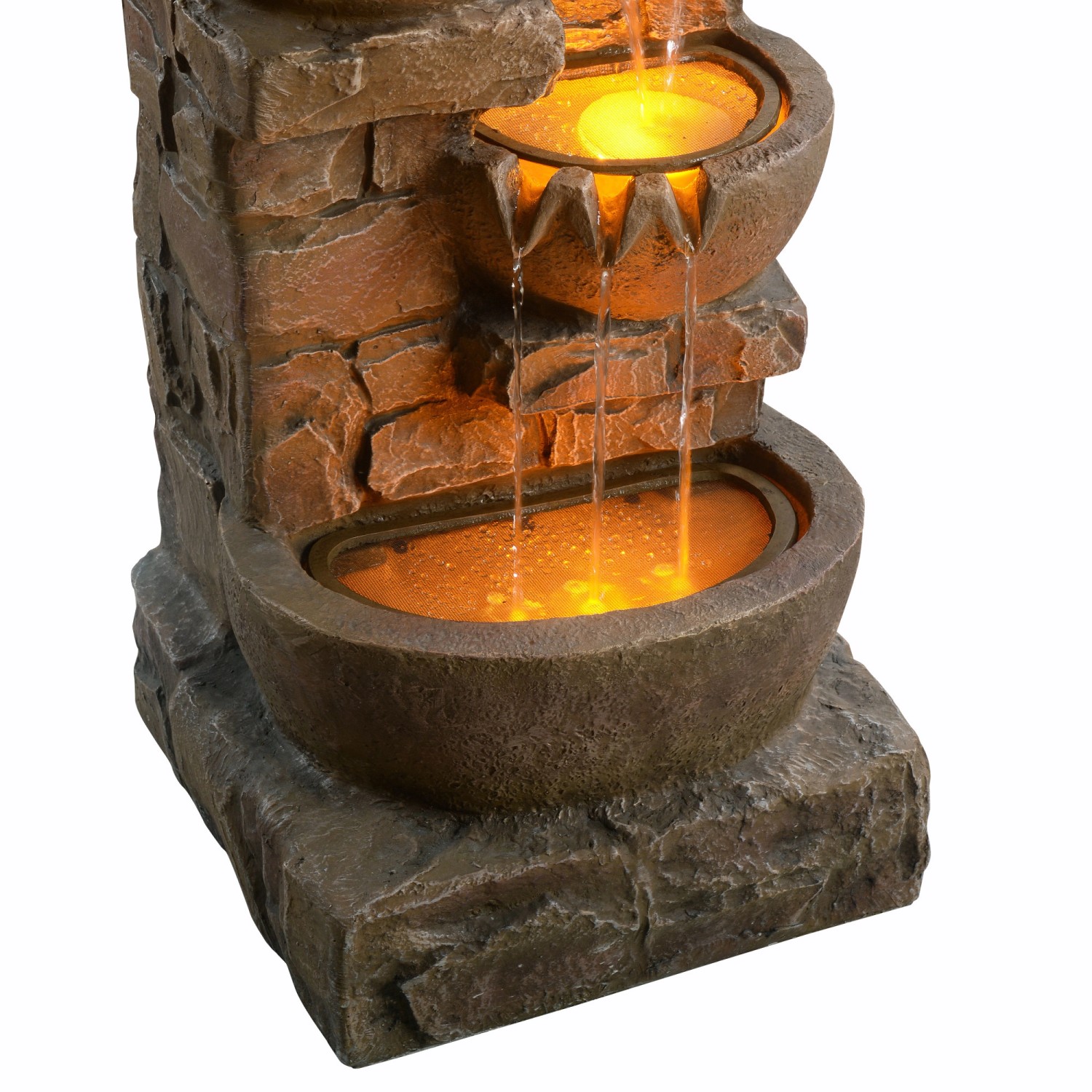 Brauner Teamson Home Gartenbrunnen mit LED-Beleuchtung und kaskadierenden Schalen.