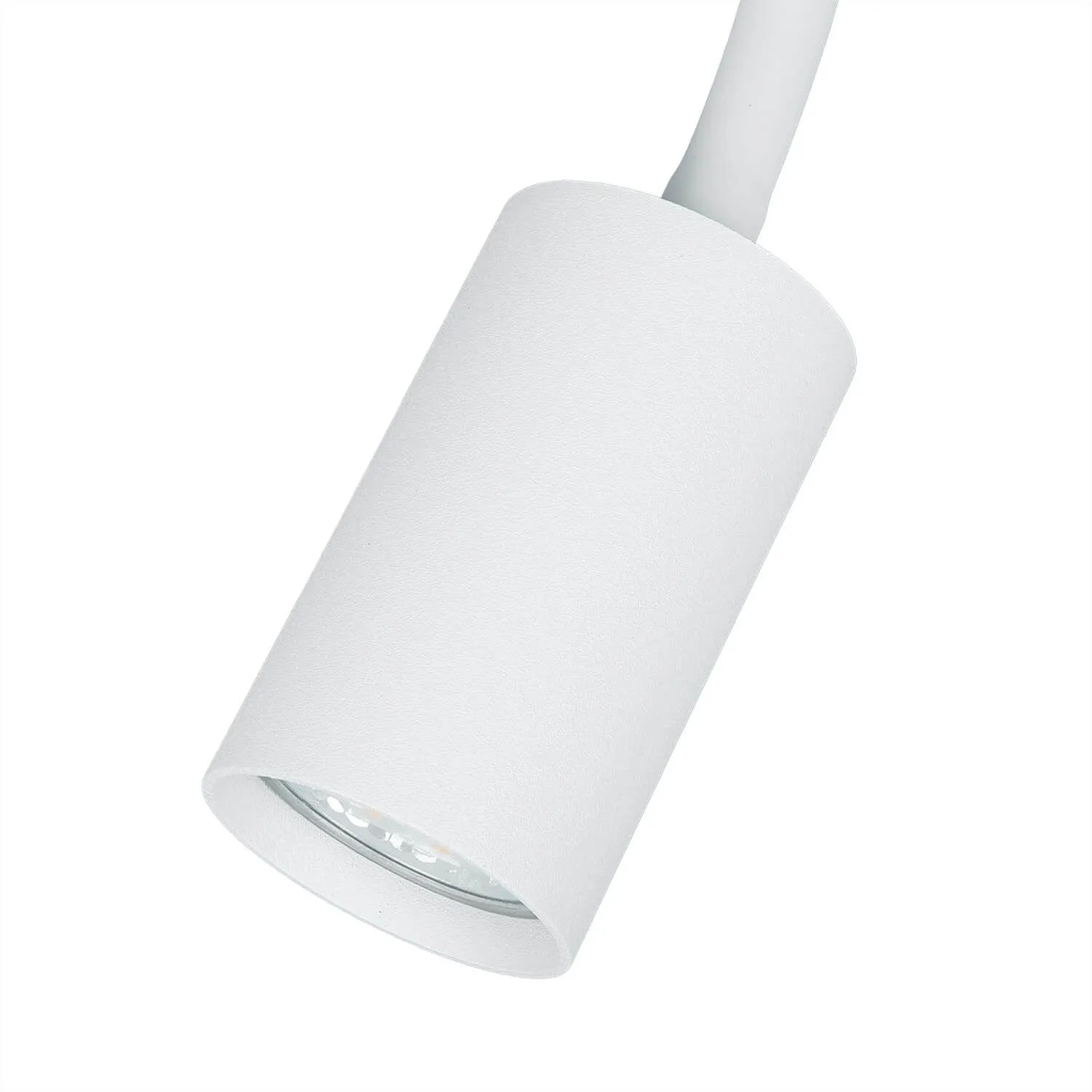 Detailaufnahme: Weiße Licht-Erlebnisse Stehlampe mit Schwanenhals und GU10 Fassung.