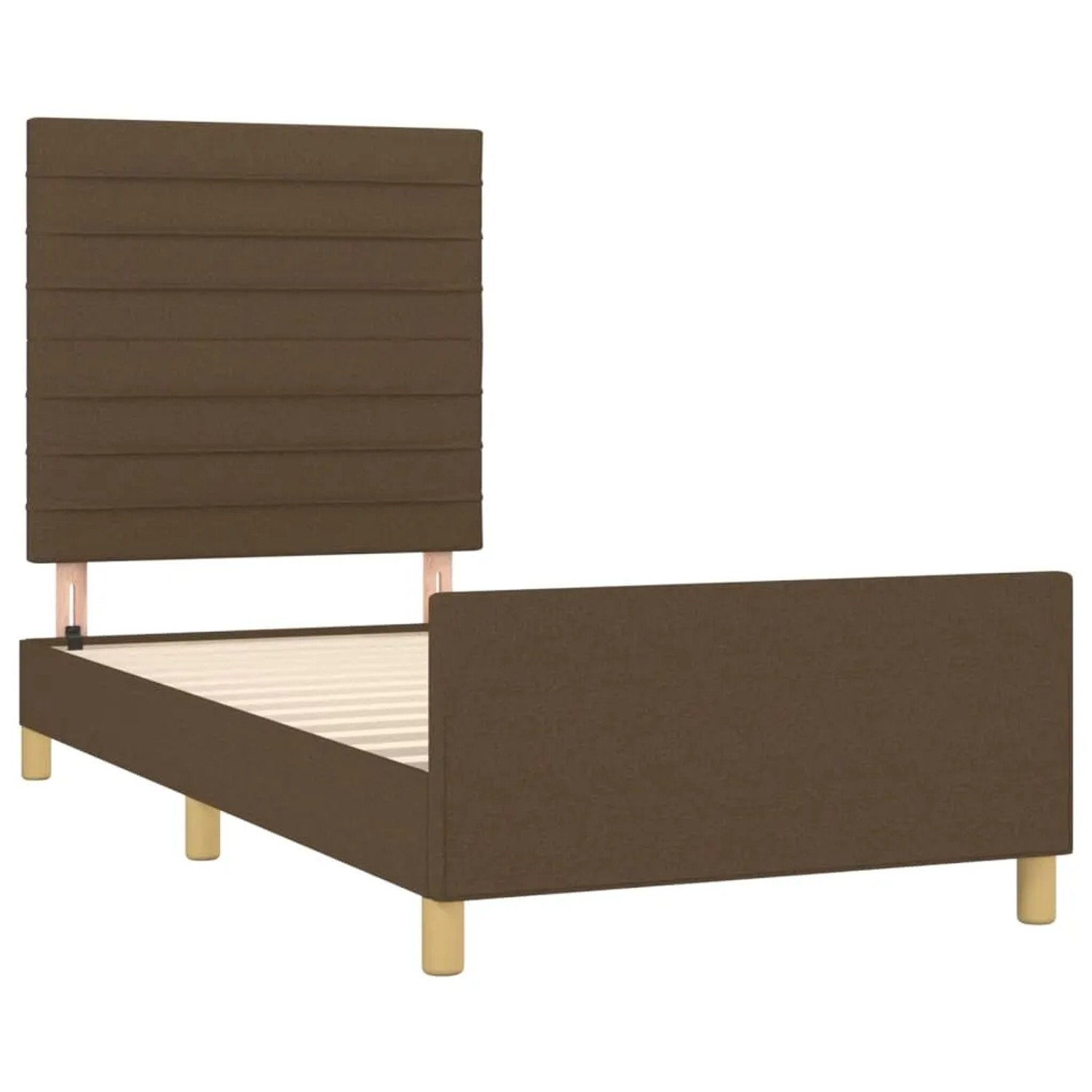 Dunkelbraunes Stoff-Bettgestell (90x200 cm) mit Lattenrost und Kopfteil. Schlafzimmer Möbel.