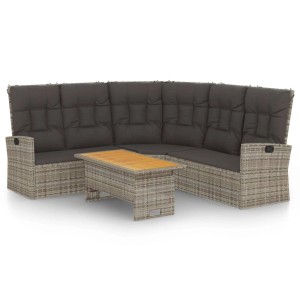 2-tlg. Garten Lounge Set Grau Poly Rattan mit Tisch und Ecksofa mit Kissen.