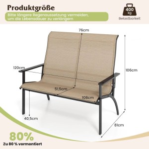 Costway Gartenbank, beige, mit schwarzem Metallgestell. Zeigt Maße, hohe Rückenlehne, Armlehnen und 400 kg Belastbarkeit.
