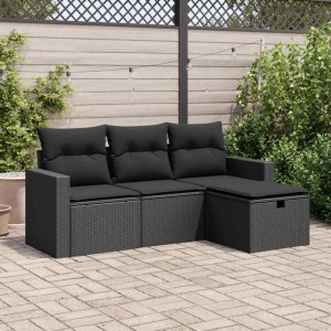 Schwarze 4-tlg. vidaXL Garten-Sofagarnitur aus Polyrattan mit Kissen für Terrasse und Garten.