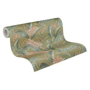 PROFHOME Vliestapete mit Blumenmuster in Grün, Beige und Orange. Dekorative Tapete für Wohnräume.