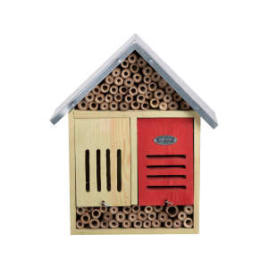 Esschert Insektenhotel XL aus Holz mit Bambus-Füllung und roter/gelber Farbgebung.