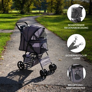 Monstershop Haustierwagen mit blauem Tartanmuster und Regenabdeckung für sicheren Hundetransport.