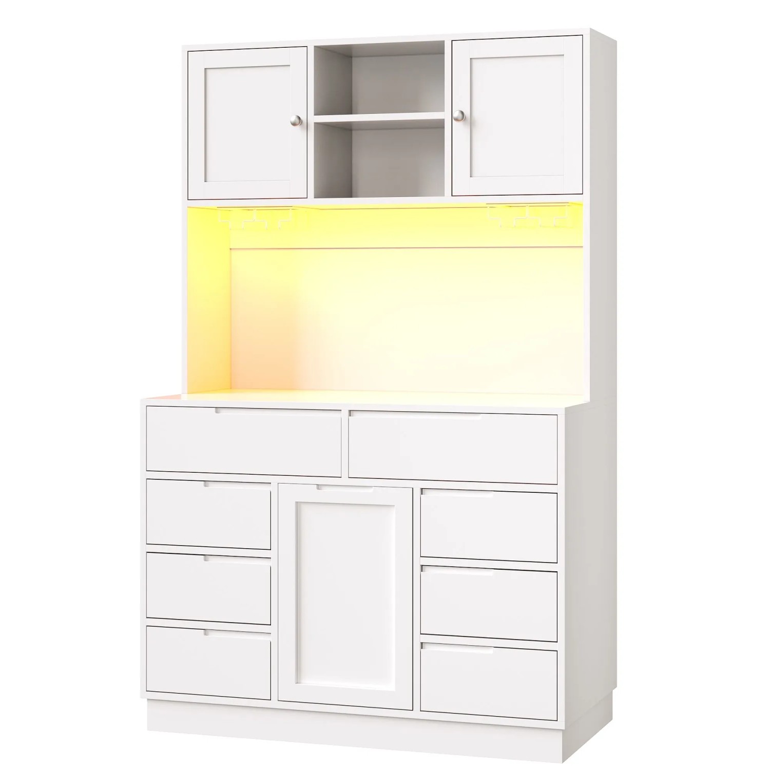 okwish Hochschrank mit Smart LED Licht 8 Schubladen Böden Wohnzimmer 120x40x183cm Weiß