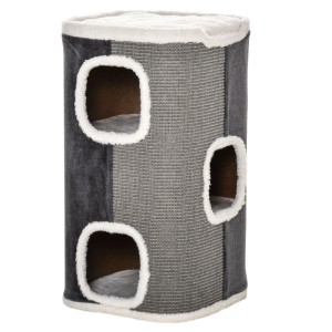 Graue PawHut Kratztonne mit Sisalflächen und drei weich gefütterten Höhlen für Katzen.