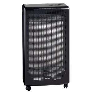 Schwarzer Rowi Gasheizofen Blue Flame mit Rollen und Sauerstoffmangelsicherung.