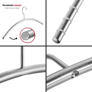 SOTECH 5er Set Design Kleiderbügel mit Antirutsch Ringen Edelstahl Massiv Gebürstet Ø12 mm x 433 mm Rundrohr mit Haken