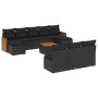 vidaXL 11-tlg. Garten-Sofagarnitur aus schwarzem Poly Rattan mit Kissen und Akazientisch.