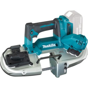 Makita Akku-Bandsäge DPB183Z, 18V, in Türkis und Schwarz. Kompakte Bandsäge für präzise Schnitte.