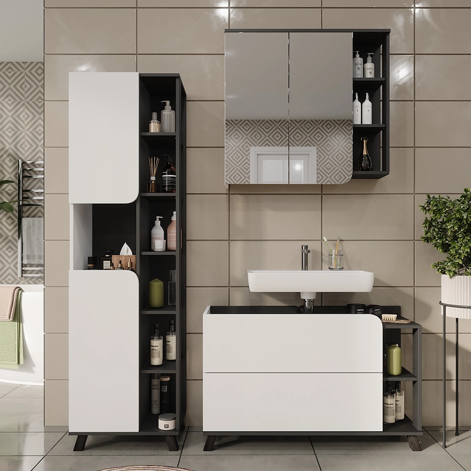 Vicco Badmöbel-Set Karen, 3-teilig in Anthrazit/Weiß: Waschbeckenunterschrank, Spiegelschrank, Hochschrank.