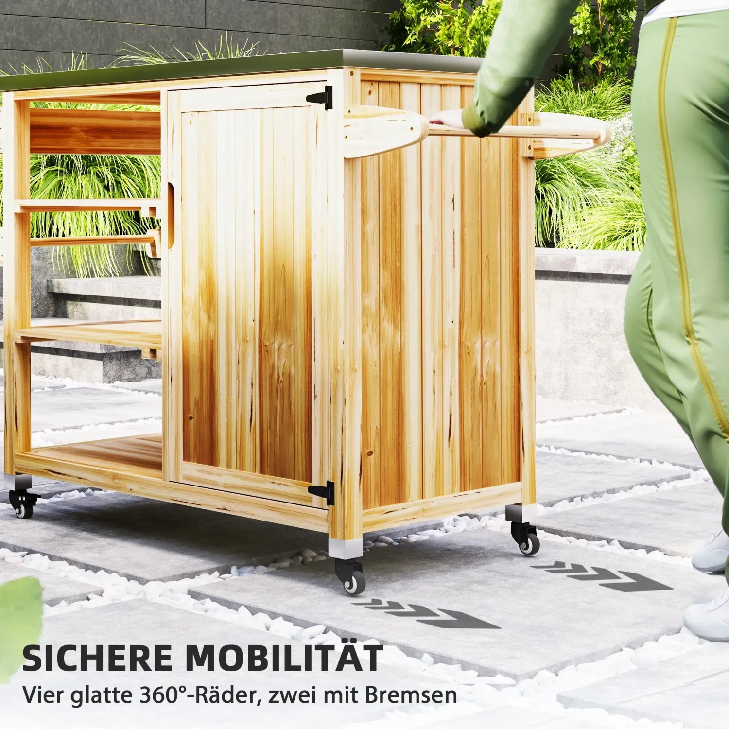 Outsunny Grillwagen aus Stahl und Tannenholz mit Schrank, Ablagen und Rollen.