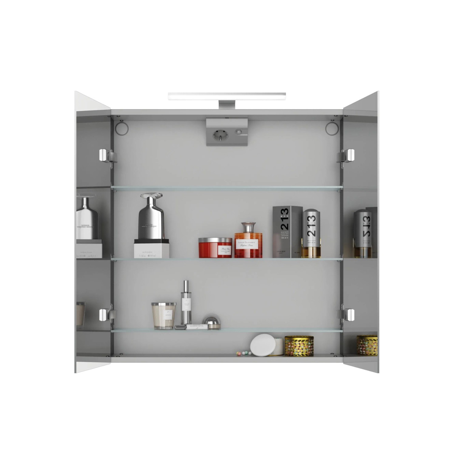 Offener Jokey Spiegelschrank Alu-LED, 65 cm breit, mit Glasablagen und Badutensilien.