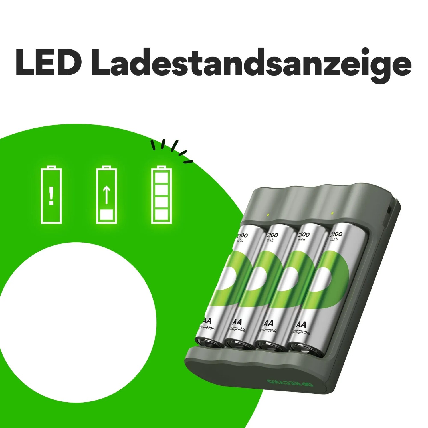 GP Akku-Ladegerät USB B441 mit 4 AA Akkus 2100 mAh im Ladegerät.