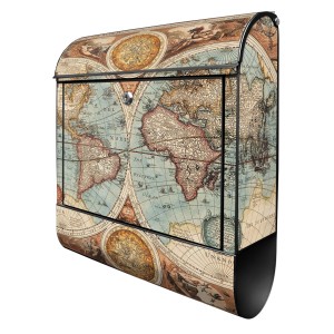 Banjado Design Briefkasten, schwarz pulverbeschichtet mit historischer Weltkarte und Zeitungsfach.