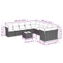Graue 11-teilige vidaXL Garten-Sofagarnitur aus Polyrattan mit Kissen und Tisch, Maße eingezeichnet.