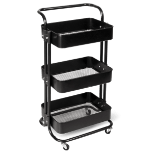 Schwarzer deluxe4home Rollwagen mit 3 Ablagen, ideal als Bad-Standregal.