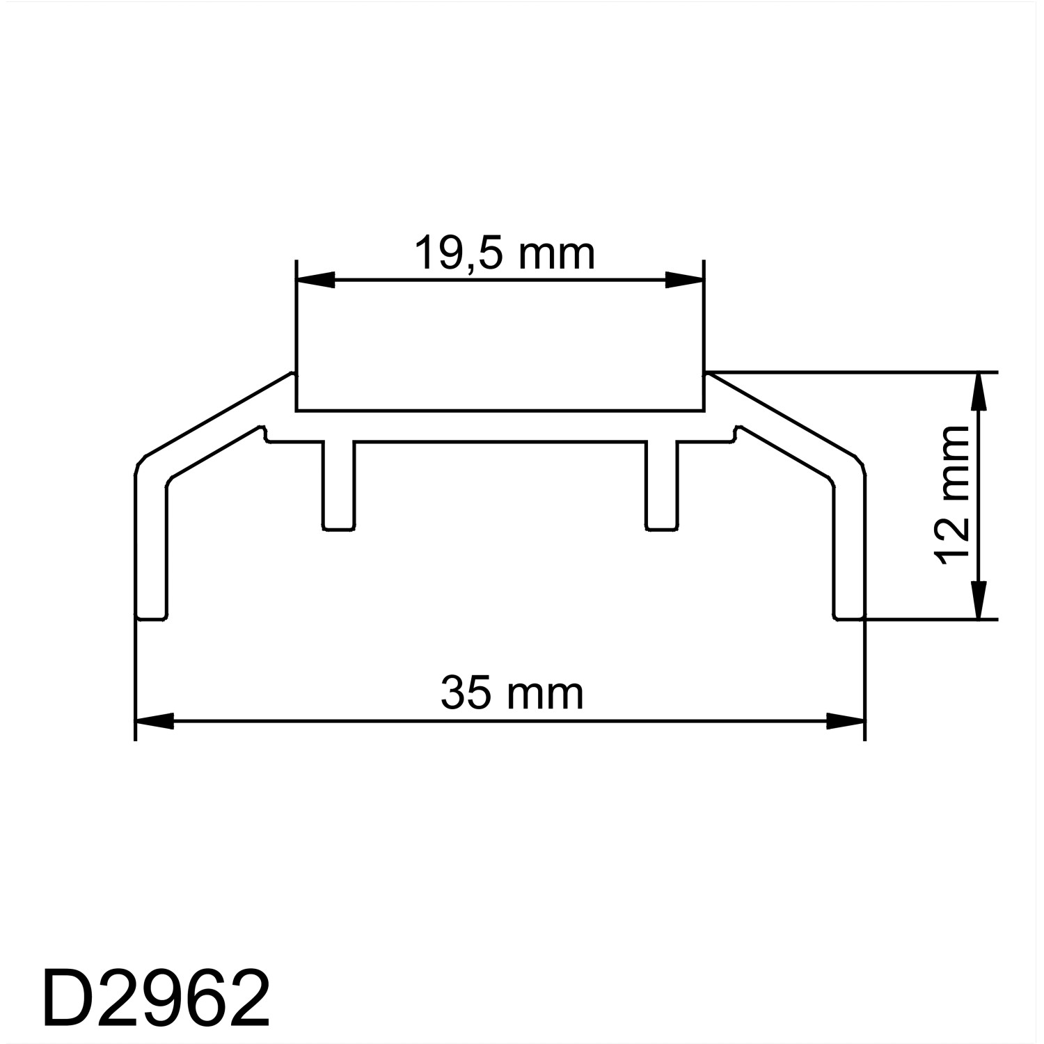 Technische Zeichnung: Schulte Profil für Badewannenaufsatz Komfort, Alunatur, Maße 35x19,5x12mm.