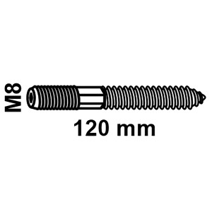 Zeichnung einer Stockschraube M8 x 120 mm mit metrischem Gewinde und Holzgewinde.