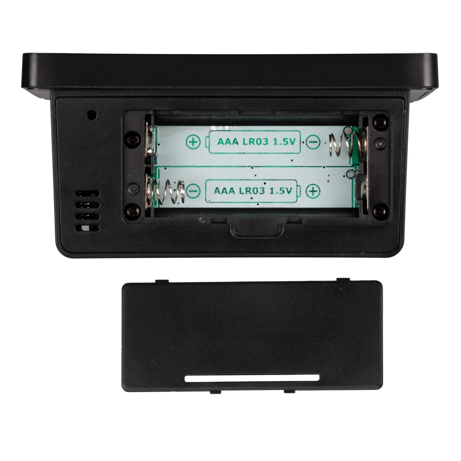 Rückseite der schwarzen Kienzle Funk-Wetterstation Slim mit offenem Batteriefach und zwei eingelegten AAA Batterien.