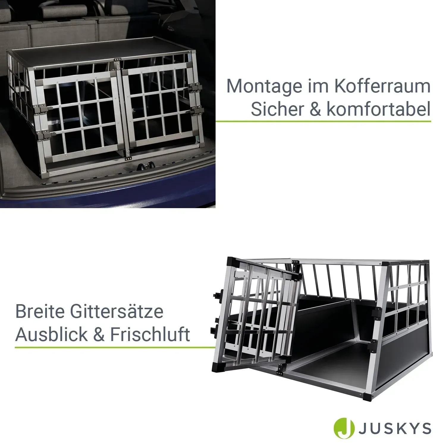 Juskys Alu Hundetransportbox L-X, silber/schwarz, für den Kofferraum. Sichere Hundebox mit Gitter.