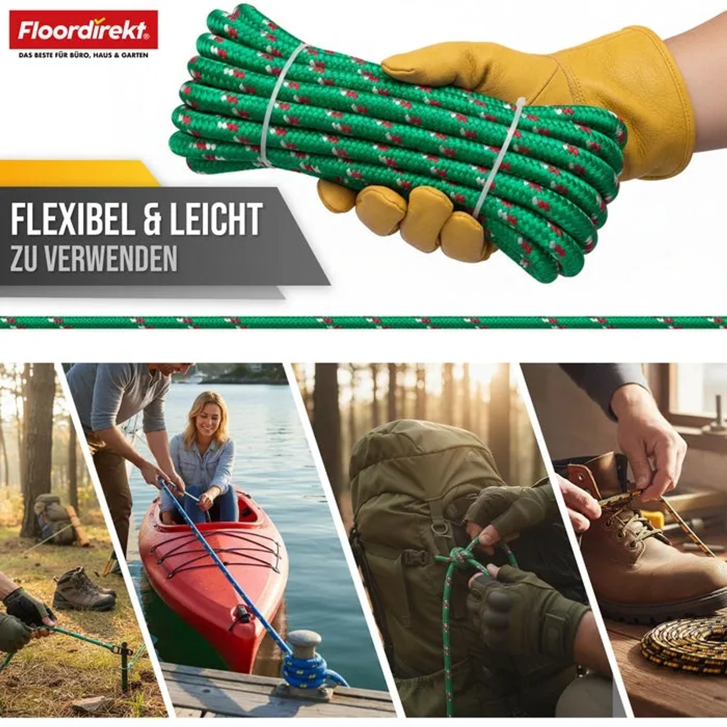 Floordirekt Polypropylen Seil, grün-rot, Ø 22 mm, Länge 20 m, vielseitig einsetzbar.