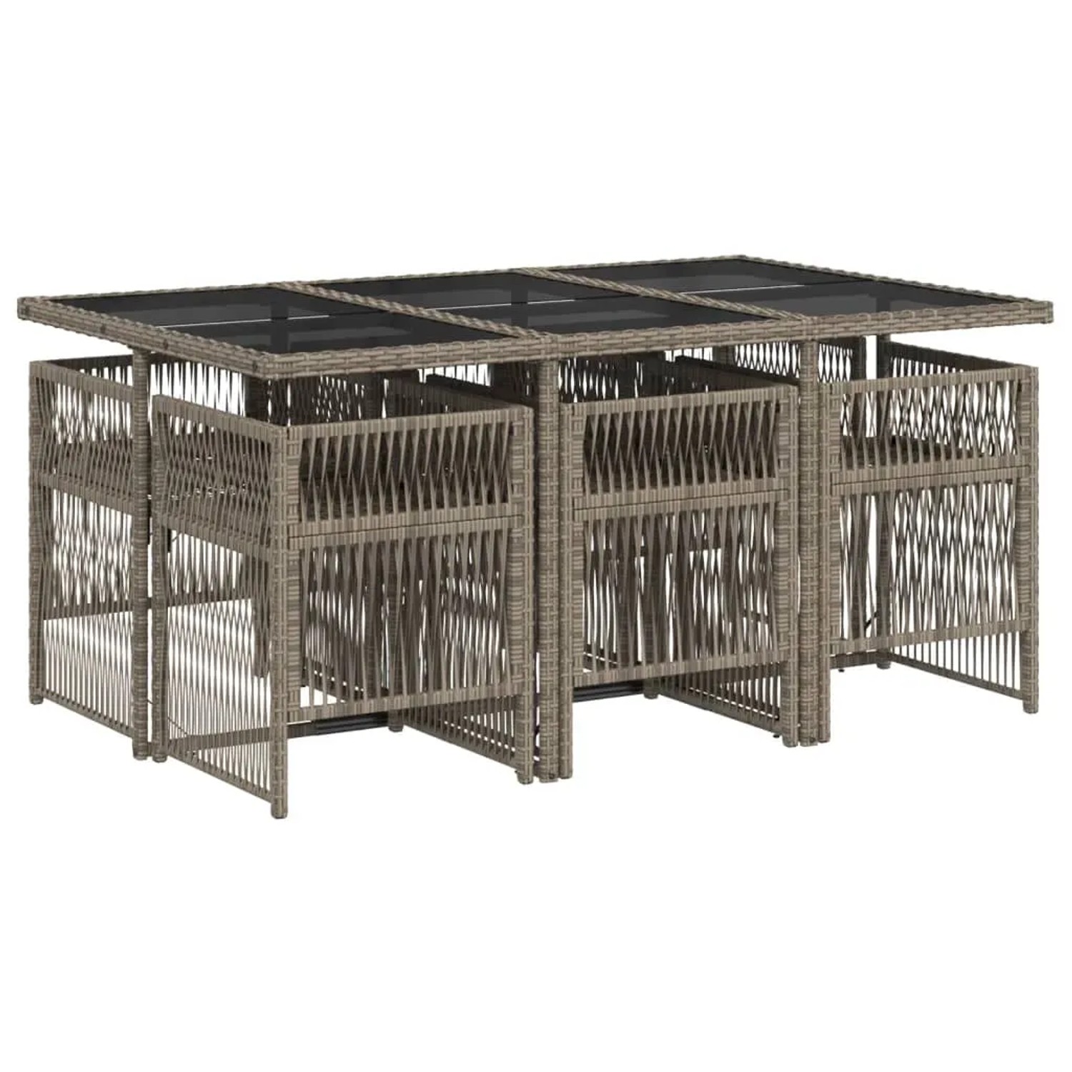 7-teilige Garten Essgruppe aus grauem Poly Rattan mit Glasplatte und Stühlen.