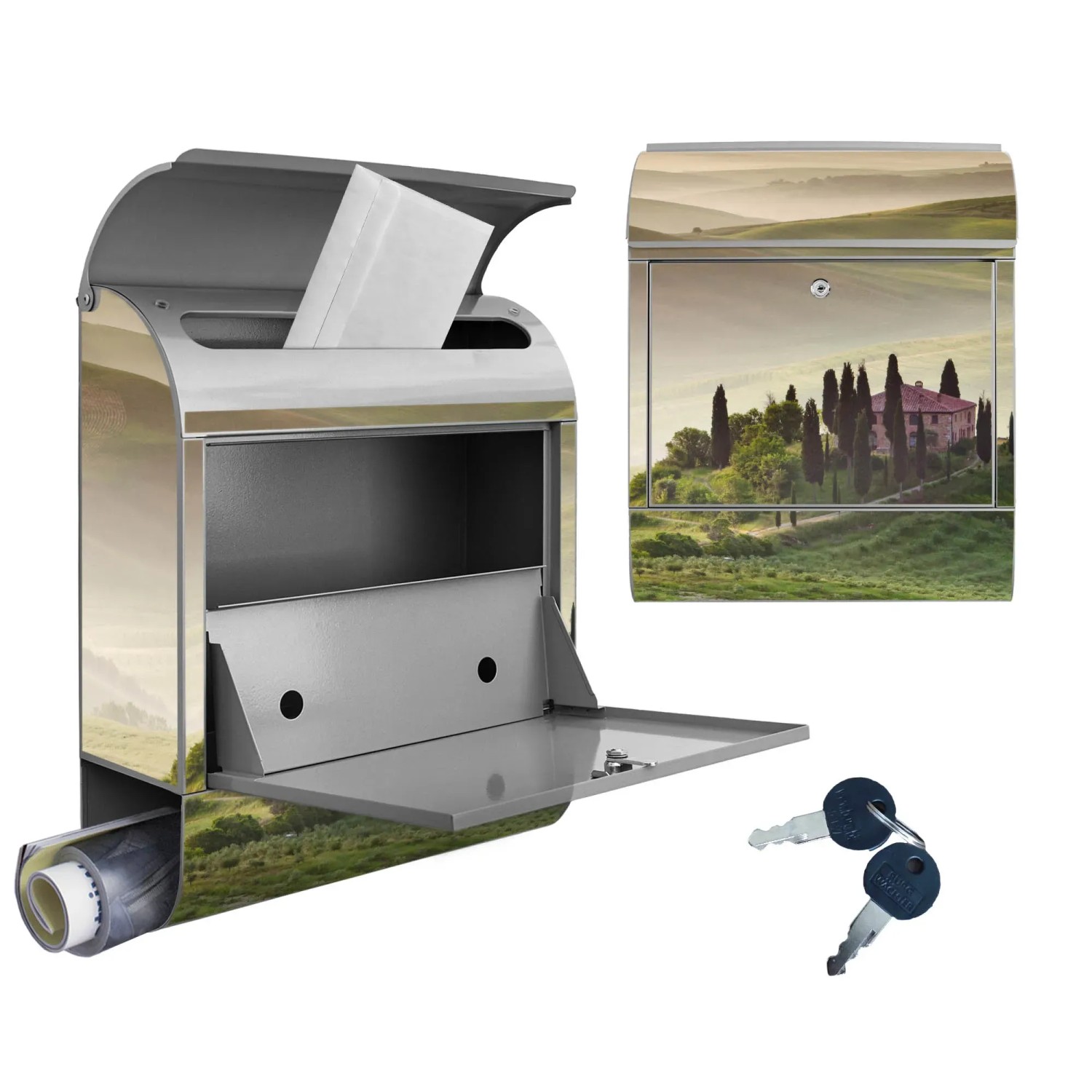 Silberner Banjado Design Briefkasten mit Toscana Motiv, Zeitungsfach und zwei Schlüsseln.