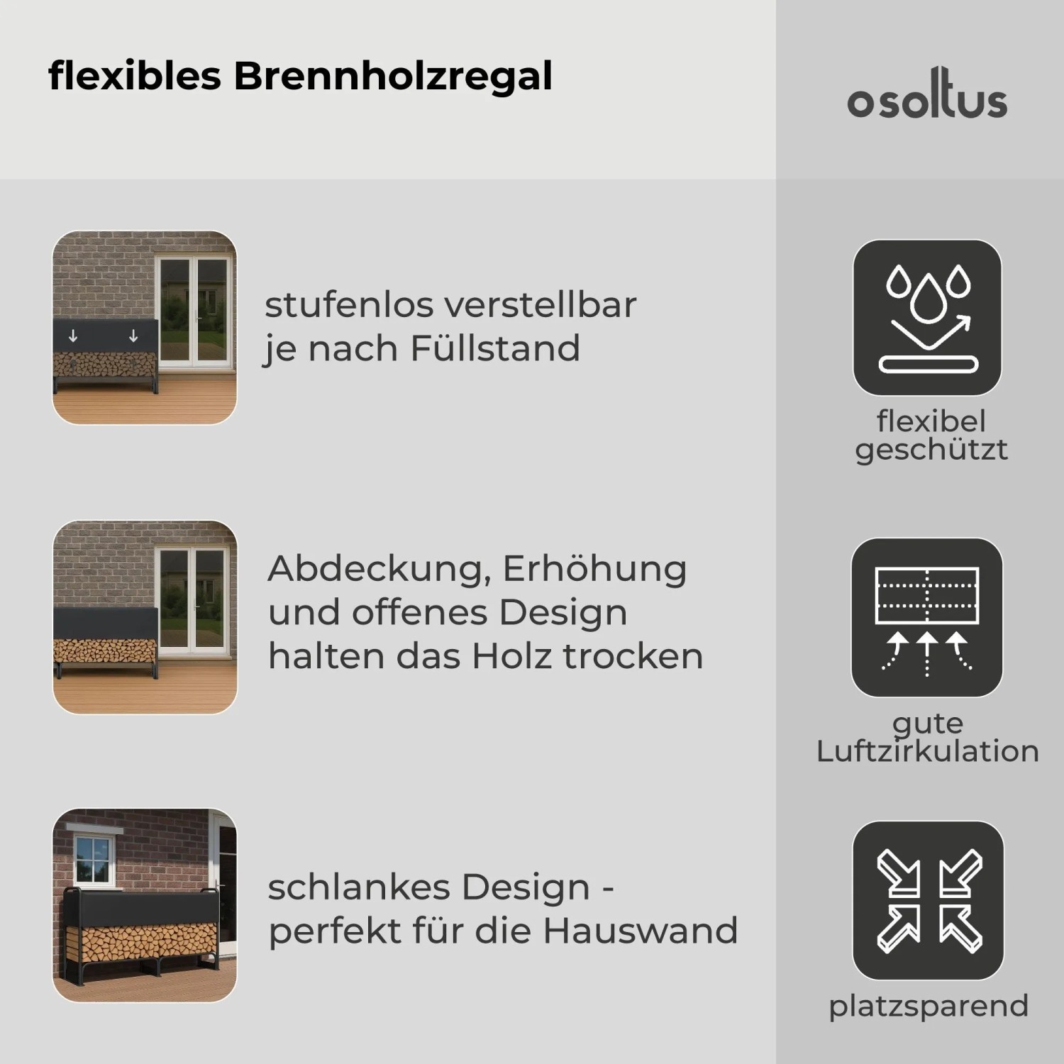 osoltus Kaminholzregal aus Metall mit verstellbarer Abdeckung, gefüllt mit Holz, im Garten. Wetterbeständige Brennholzlagerung.