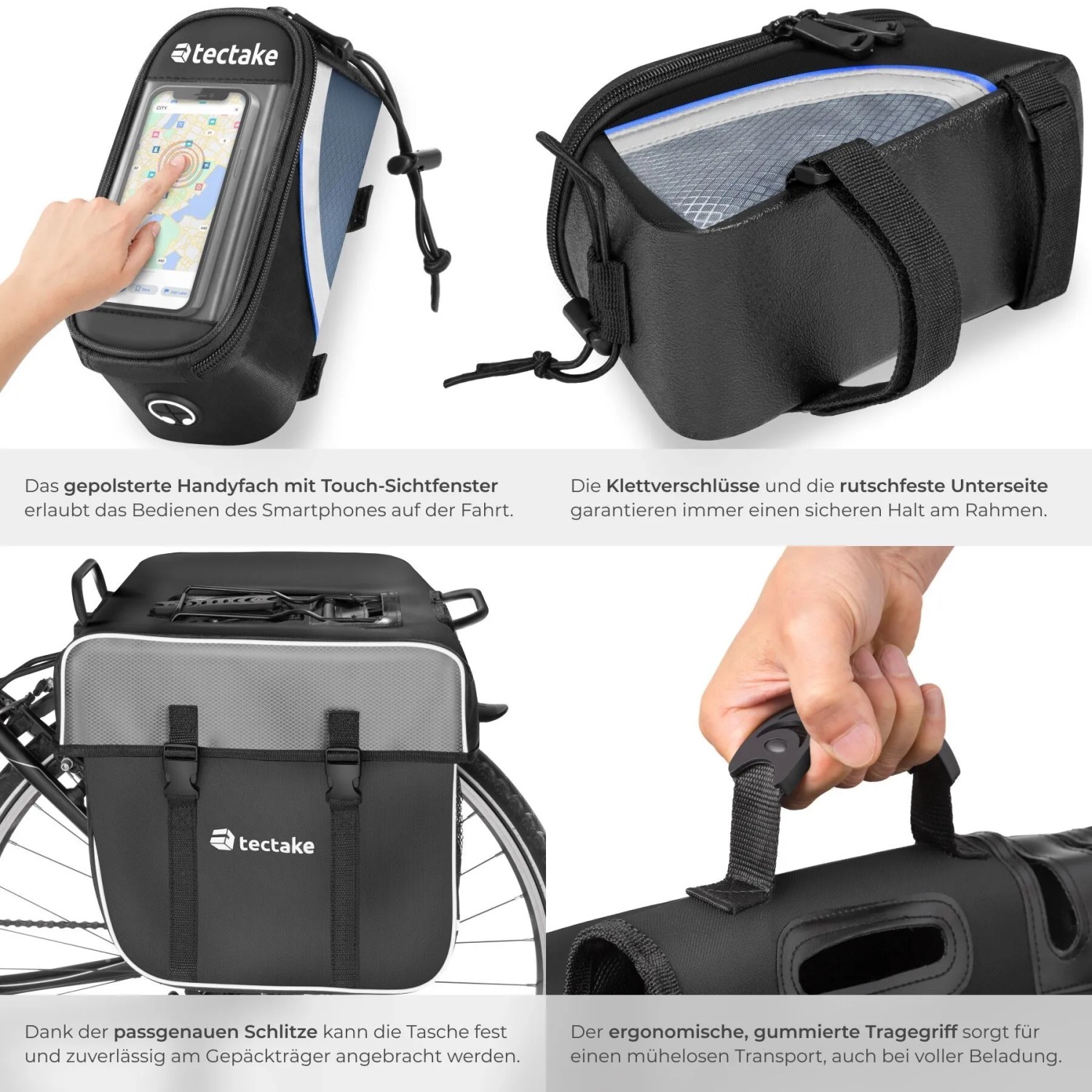 Tectake Fahrradtaschen Set: Gepäckträgertasche und Rahmentasche mit Handyfach.