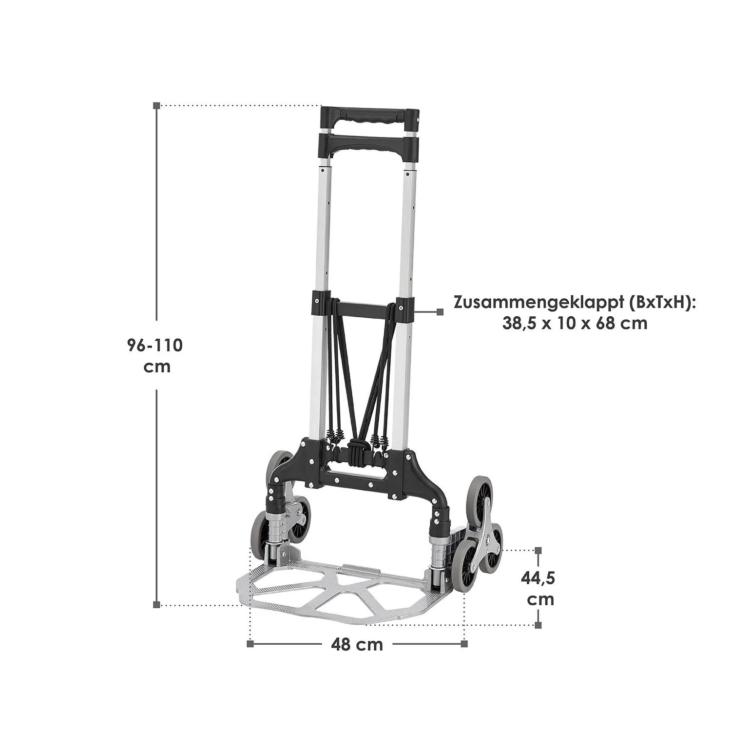 Zusammengeklappte Juskys Treppensackkarre mit 3+3 Radsystem, Teleskopgriff und Maßangaben.