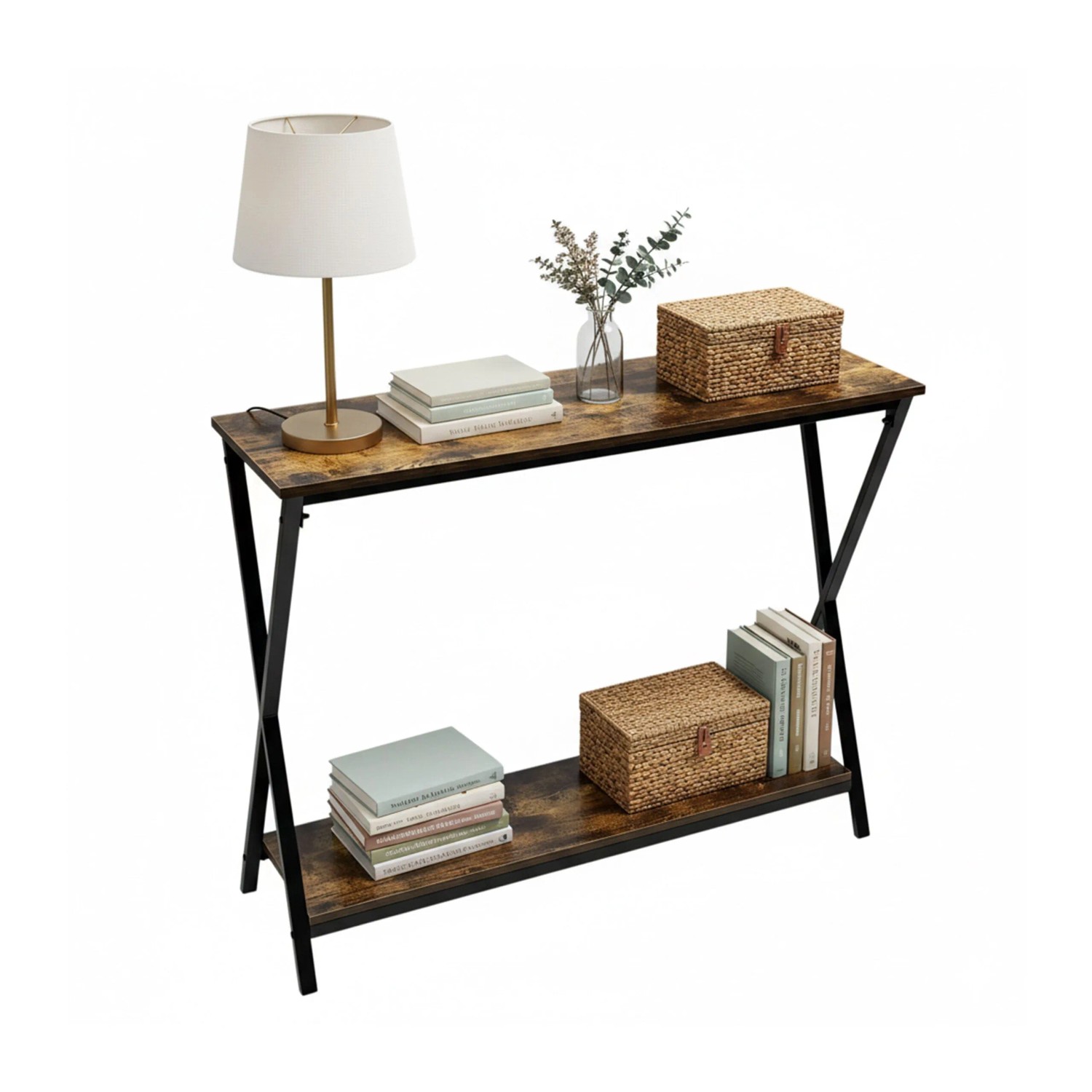 Relaxdays Konsolentisch MDF Eisen Braun Schwarz mit 2 Ablagen 80 cm x 100 cm x 30 cm