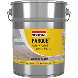 Soudal Alkohol-Parkettkleber 69A im 13 kg Metalleimer mit gelbem Etikett. Für Parkett, leicht zu verarbeiten.