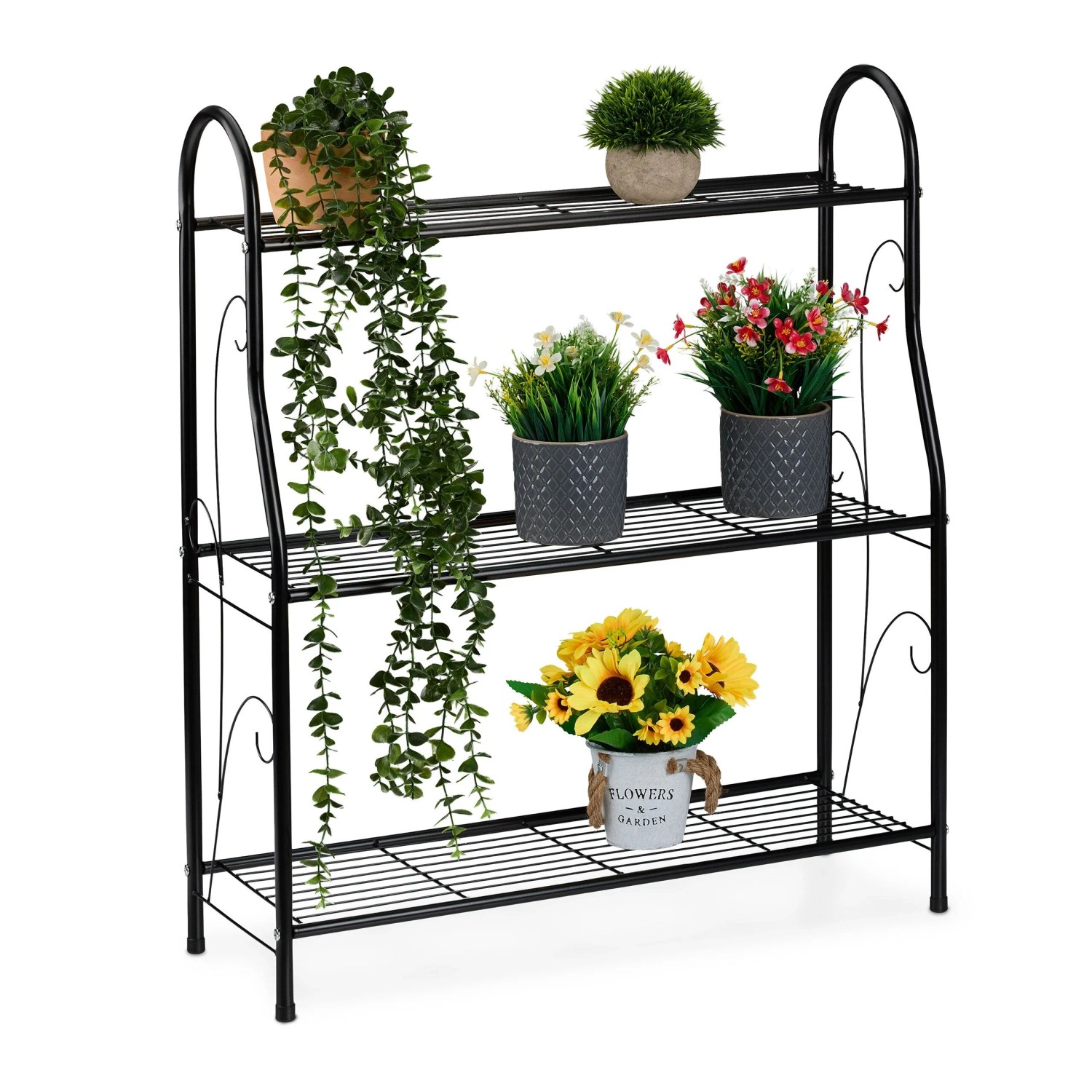 Relaxdays Blumenregal Metall Schwarz 3 Ablagen 83 cm x 71 cm x 24,5 cm 2,3 kg