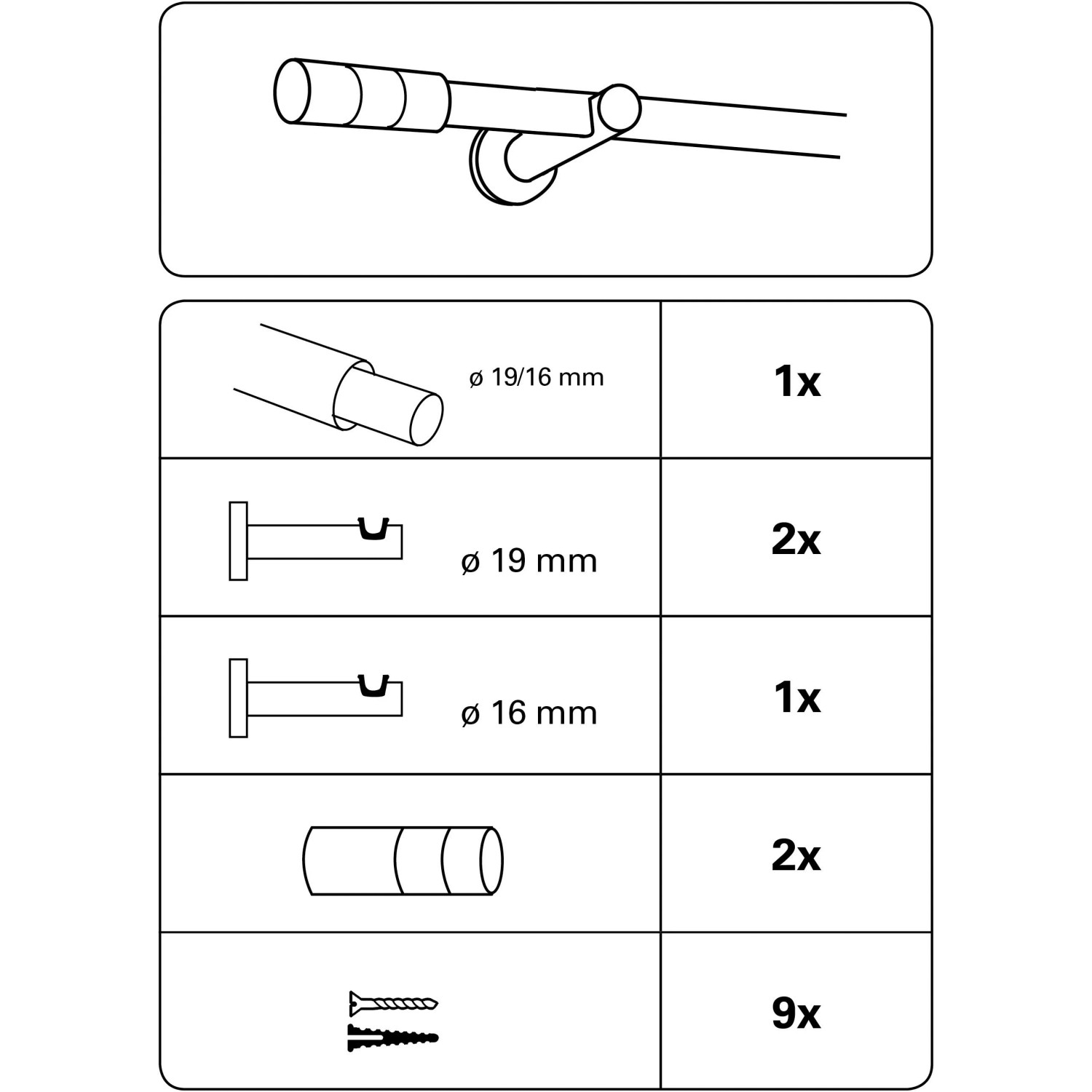 Gardinia Kreta Gardinenstangen-Set, schwarz, ausziehbar, mit Trägern und Endstücken.