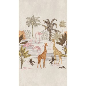 Fototapete mit Dschungelmotiv: Giraffen und Flamingos in Beige, Braun und Rosa.