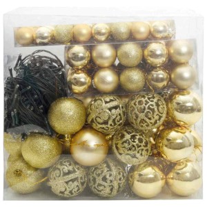 Goldenes vidaXL Weihnachtskugel-Set, 120-teilig mit 300 LEDs, aus Kunststoff.