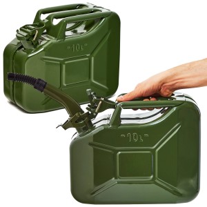 Olivgrüne BW Metall Kraftstoffkanister, 2x 10 Liter mit Ausgießer. Pannenhilfe für Auto & Motorrad.