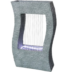 Grauer Silex Kunststeinbrunnen mit LED-Beleuchtung für Garten und Balkon.