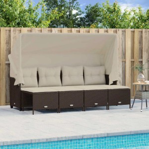 Braune 5-tlg. vidaXL Garten-Sofagarnitur aus Poly Rattan mit Dach und cremefarbenen Kissen.