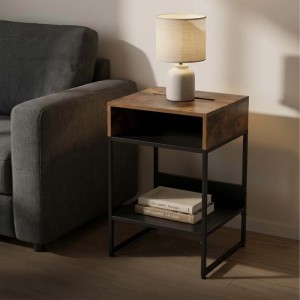 Relaxdays Nachttisch dunkelbraun/schwarz aus Holzwerkstoff & Stahl. 2 offene Fächer, Handyhalter. Industrial-Stil für Schlafzimmer.